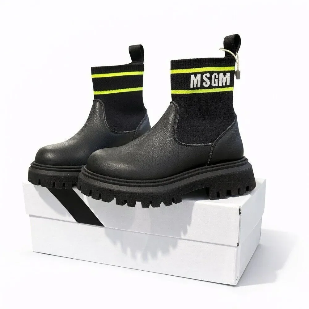 MSGM Kids Calf Leather Knit Logo Elastic Bootie Pull-on Lugged 69169 Size 28 EU